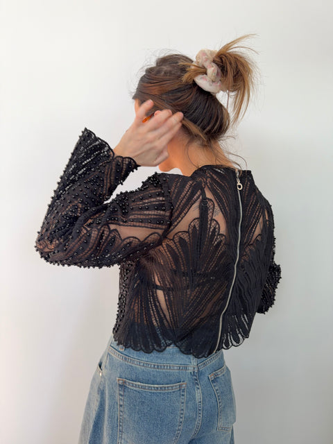 Haut dentelle et perles - noir