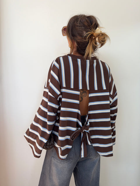 T-shirt manches longue avec noeud rayé - chocolat