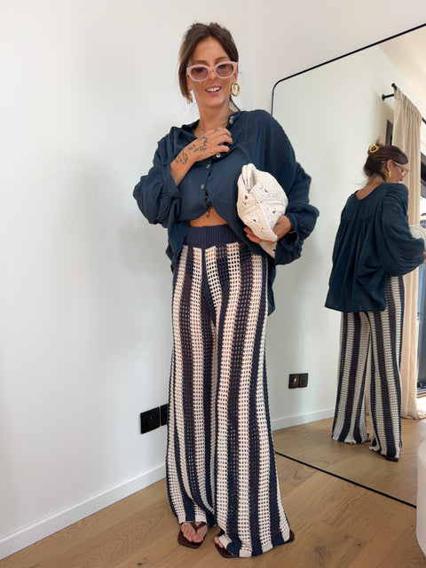 Pantalon en crochet rayé - bleu