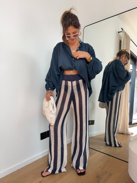 Pantalon en crochet rayé - bleu