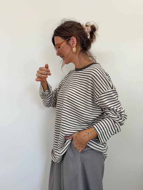T-shirt manches longues rayé - gris