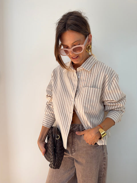 Chemise courte rayée - beige