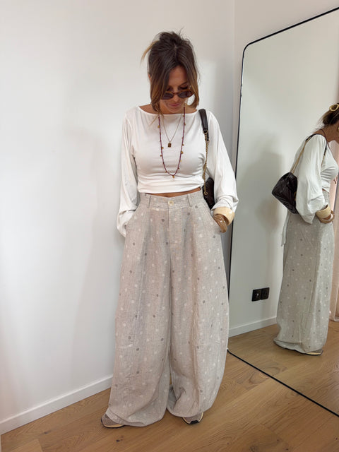 Pantalon en lin à pois - beige