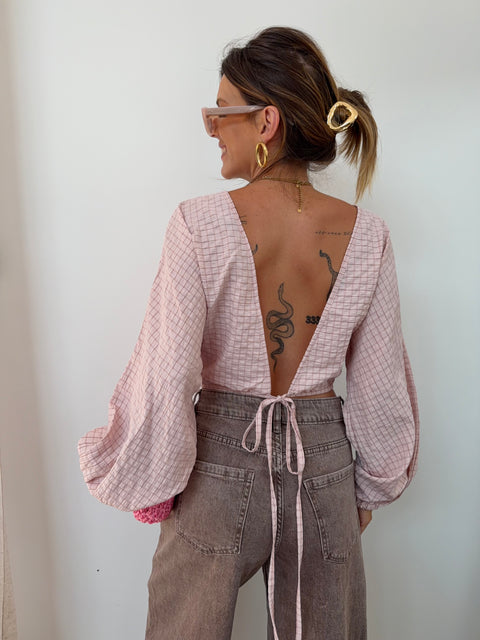 Top dos nu à carreaux - rose