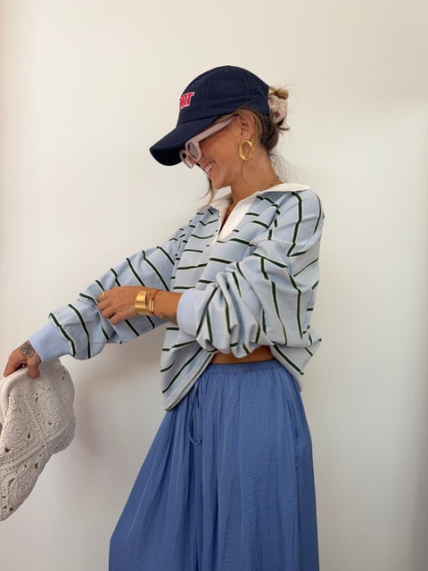 Sweat polo rayé - bleu et vert