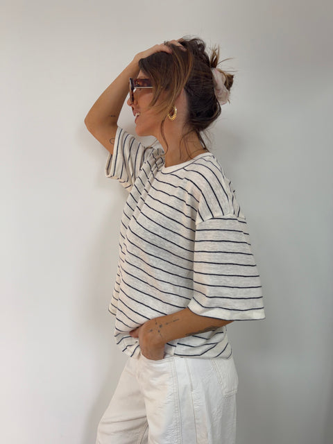 T-shirt à rayures - beige et bleu