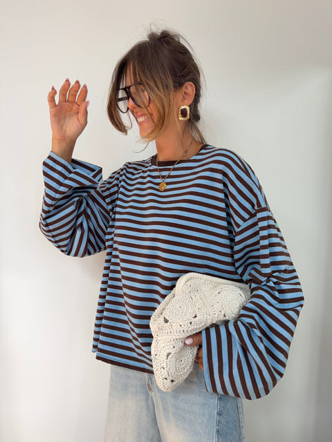T-shirt manches longues rayé - chocolat et bleu