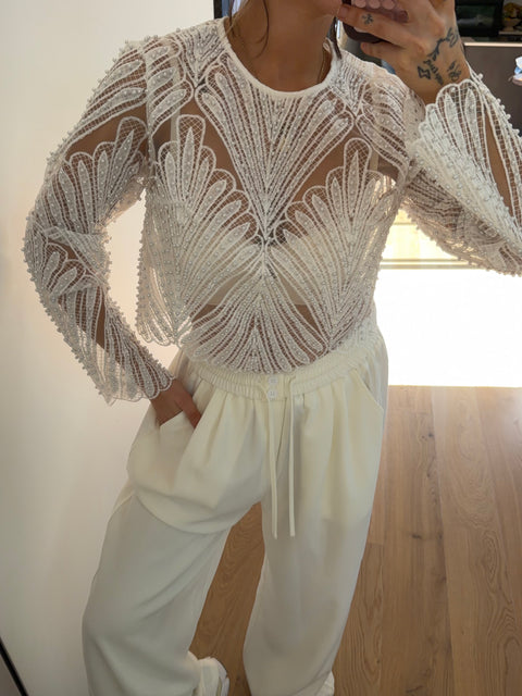 Haut dentelle et perles - blanc