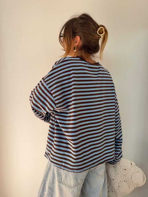 T-shirt manches longues rayé - chocolat et bleu