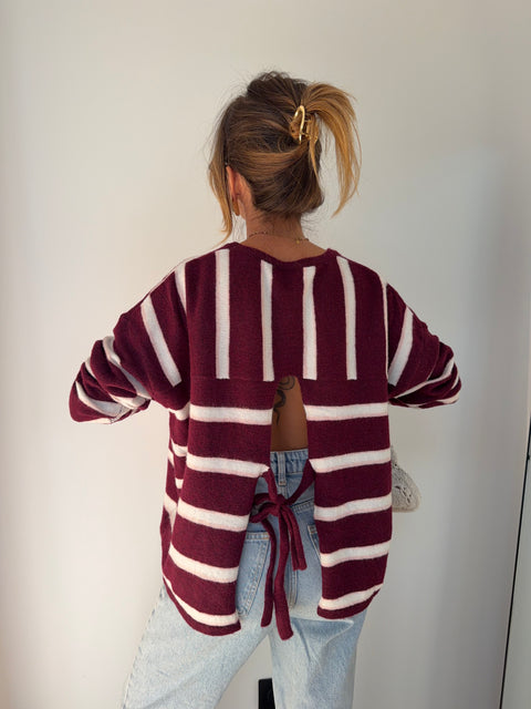 Pull rayé avec noeud - bordeaux