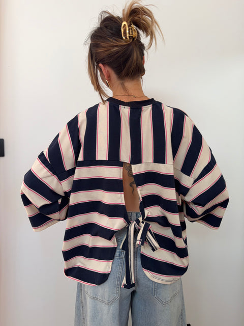 T-shirt rayé avec noeud - bleu et rose