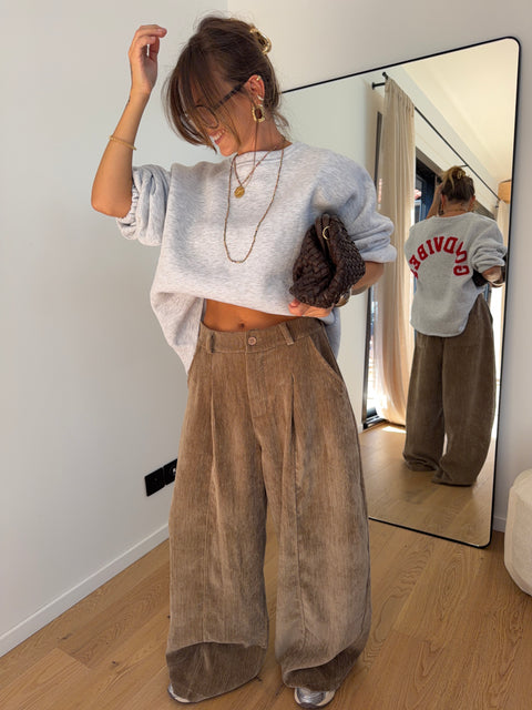 Pantalon large effet velours - taupe