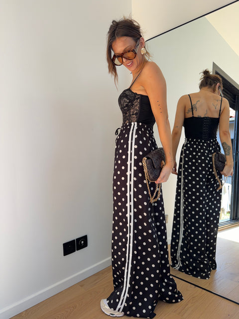 Pantalon en soie fluide à pois - noir