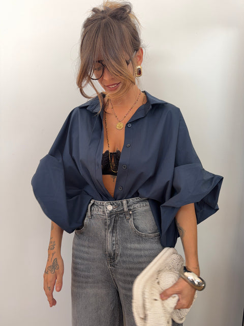 Chemise manches bouffantes - bleu marine