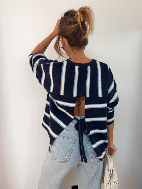 Pull rayé avec noeud - bleu