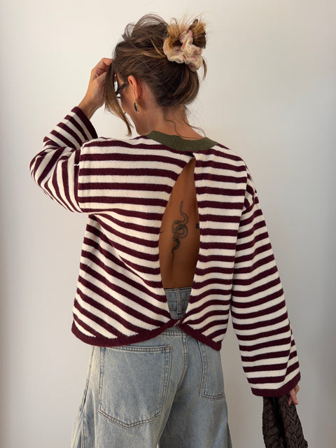 Pull dos nu rayé - blanc & bordeaux