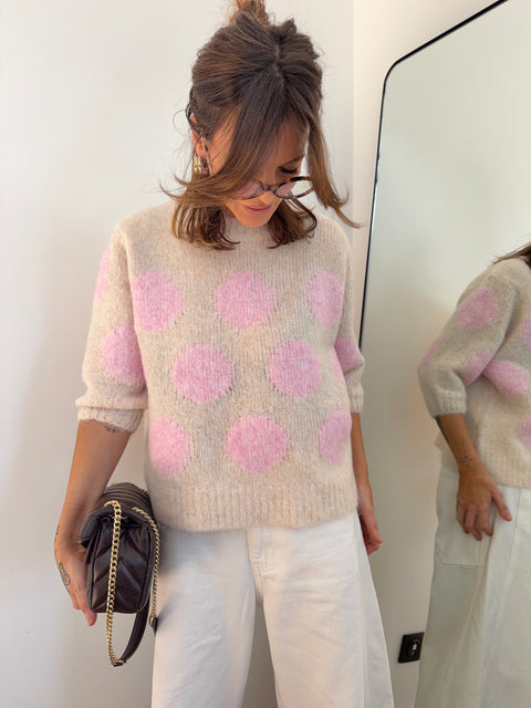 Pull à pois manches 3/4 - rose