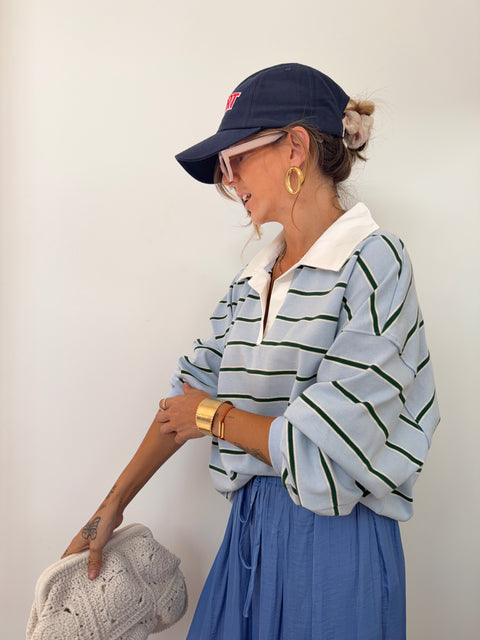 Sweat polo rayé - bleu et vert
