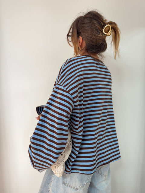 T-shirt manches longues rayé - chocolat et bleu