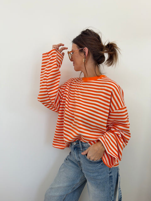 T-shirt rayé manches longues - orange