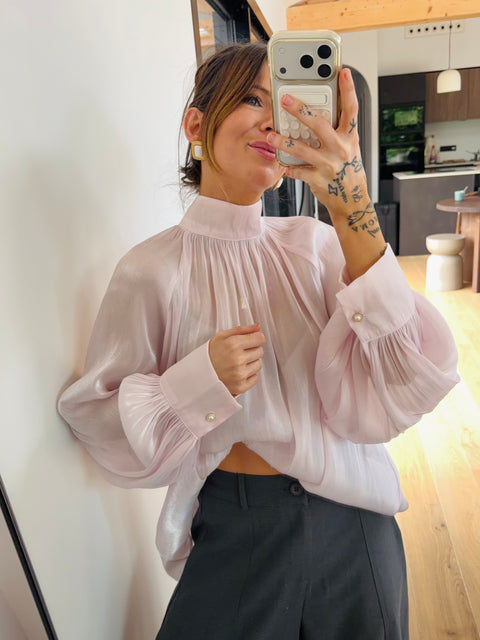 Blouse satinée à col montant - rose