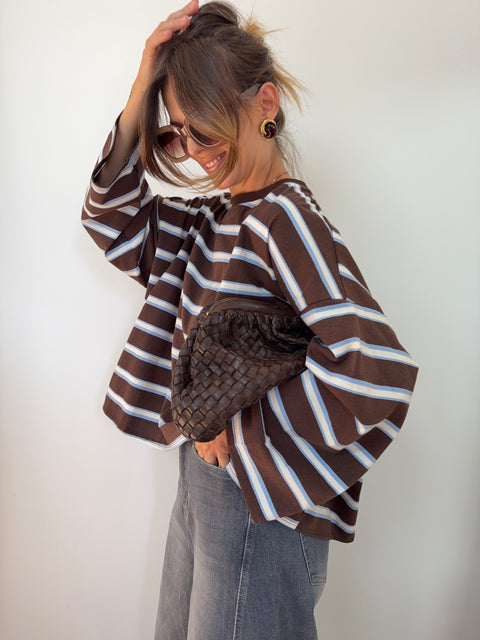 T-shirt manches longue avec noeud rayé - chocolat