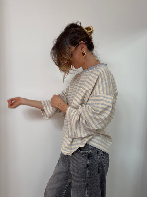 T-shirt manches longues rayé - gris et beige