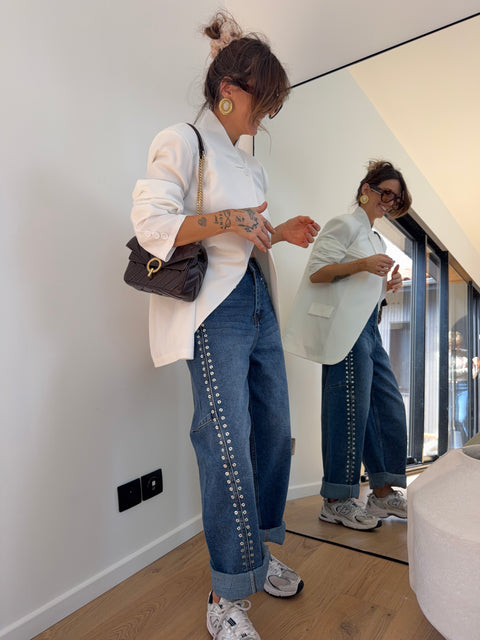 Jeans baggy à oeillets - bleu