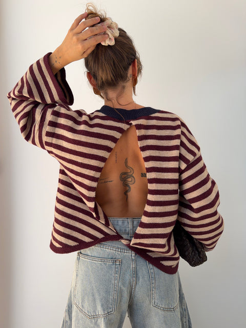 Pull dos nu rayé - chocolat & rose poudré
