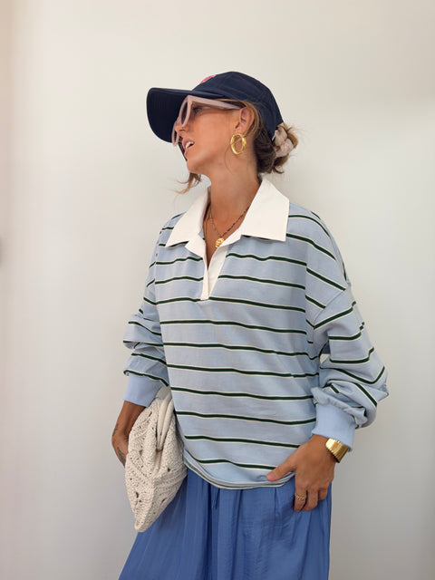 Sweat polo rayé - bleu et vert