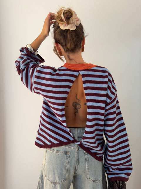 Pull dos nu rayé - bleu & bordeaux
