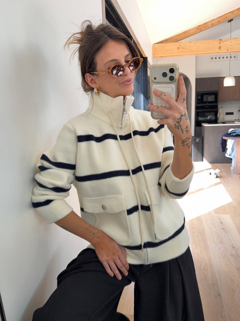 Veste marinière à zip - beige et marine