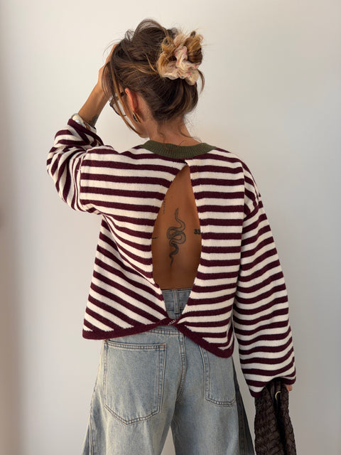 Pull dos nu rayé - blanc & bordeaux