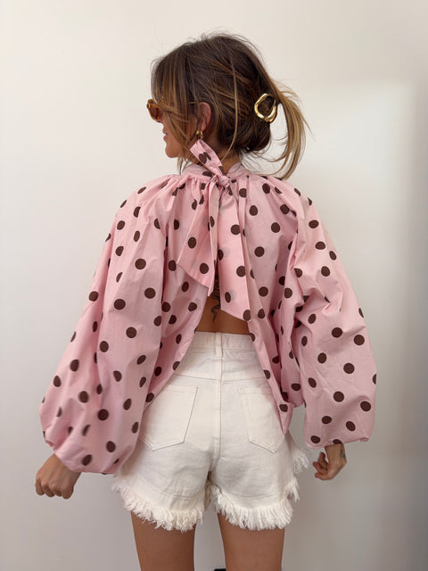 Blouse dos nu rose à pois