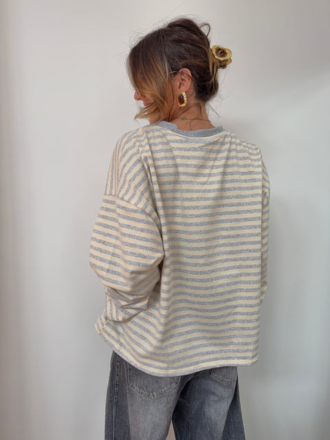 T-shirt manches longues rayé - gris et beige