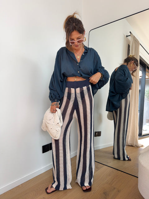Pantalon en crochet rayé - bleu