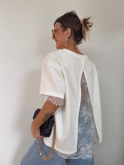 T-shirt dos dentelle - blanc