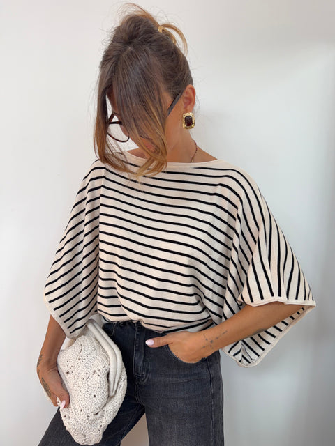Pull léger rayé manches papillon - beige et noir