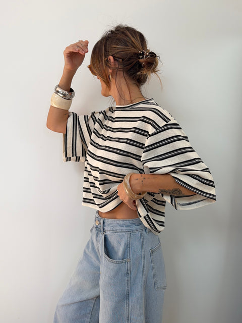 T-shirt à rayures - beige et noir