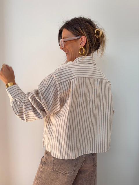 Chemise courte rayée - beige