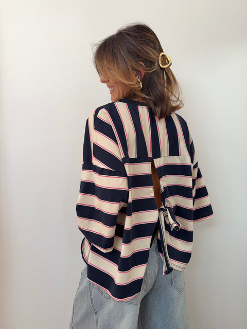 T-shirt rayé avec noeud - bleu et rose