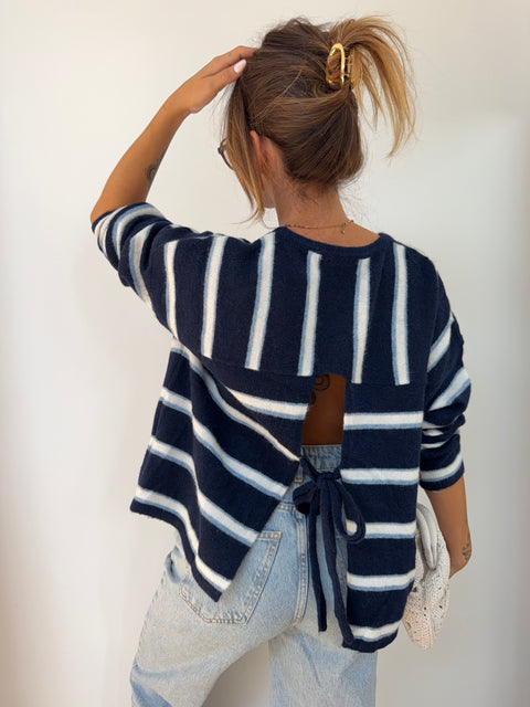 Pull rayé avec noeud - bleu