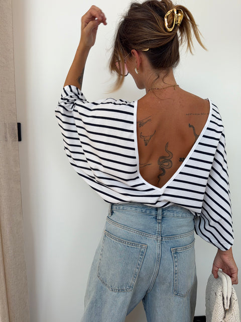 T-shirt dos nu V - blanc rayé bleu