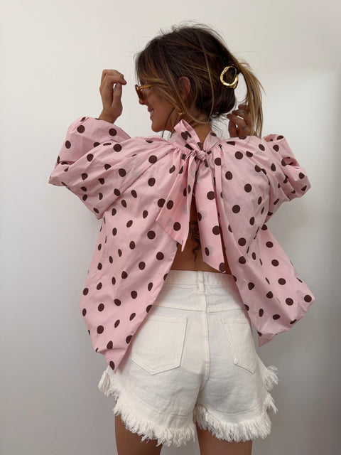 Blouse dos nu rose à pois