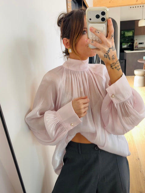 Blouse satinée à col montant - rose