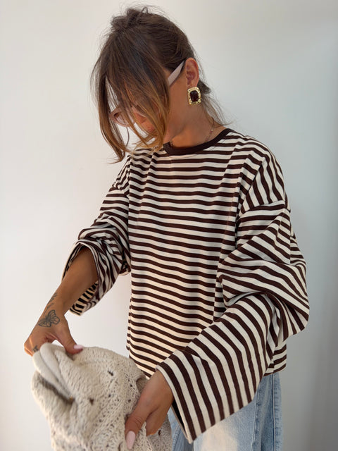 T-shirt manches longues rayé - chocolat et beige