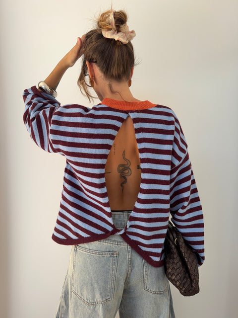 Pull dos nu rayé - bleu & bordeaux