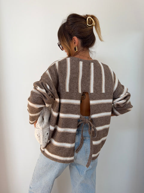 Pull rayé avec noeud - beige