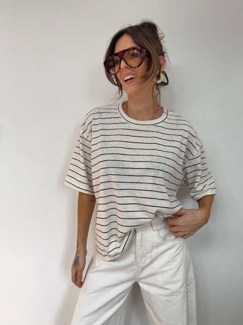T-shirt à rayures - beige et bleu