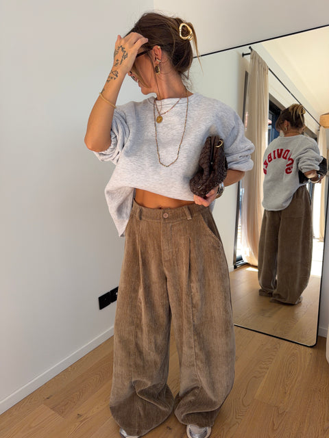 Pantalon large effet velours - taupe